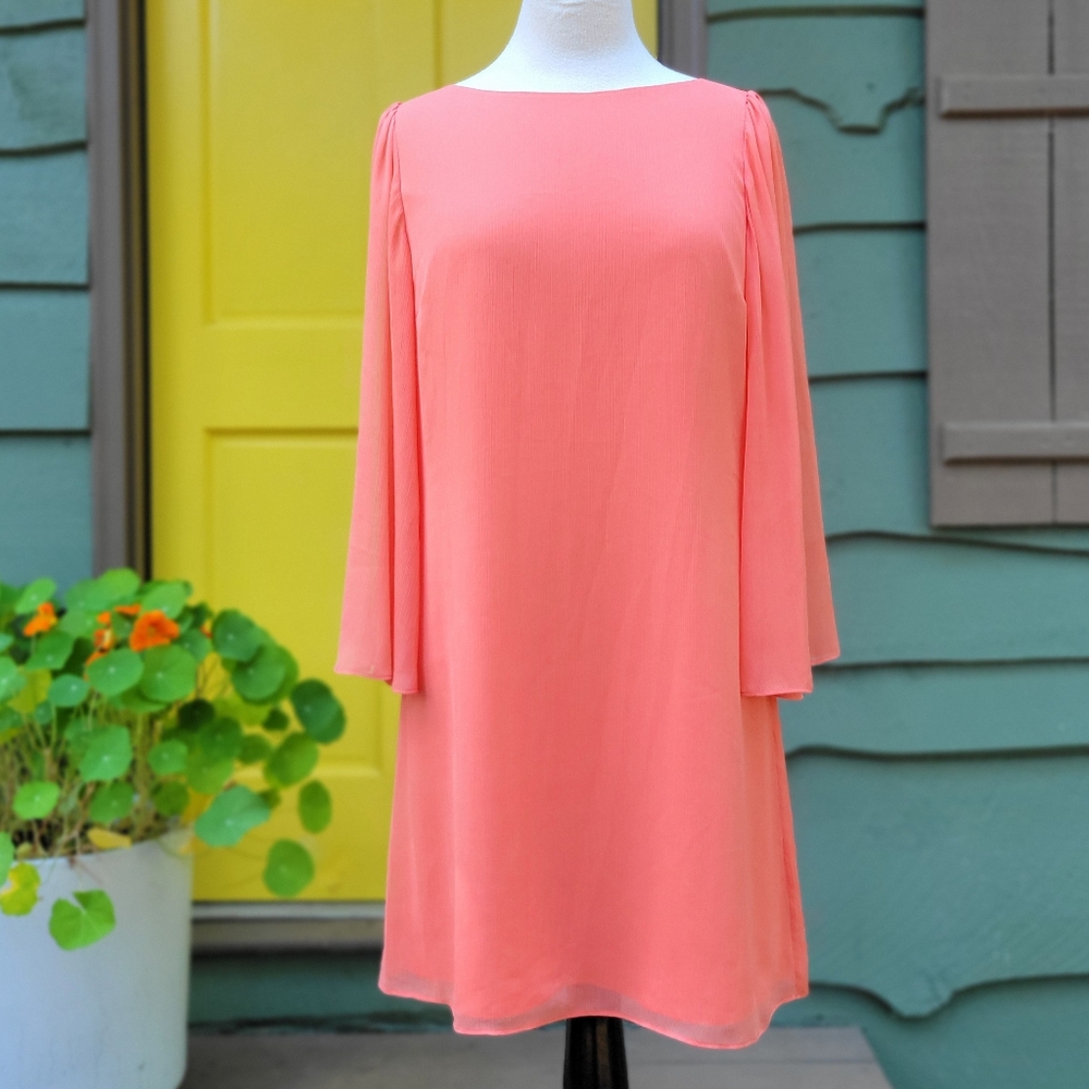 Alice + Olivia Peach Sherbet Shift Dress with Sheer Sleeves – Like New, Size S